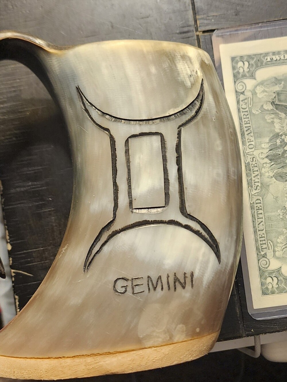 Gemini Zodiac Carved Ox Horn,  Natural Cream and Brown